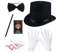 Flotory 5 Pcs Halloween Magician Costume Accessories Include Magician Hat Wand Gloves Bonus Bow Tie Cards Magicians Hat for Adult Cosplay Party