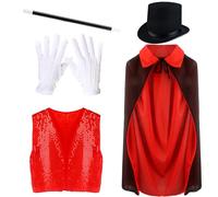 Flotory 5 Pcs Kids Magic Costume Set with Magician Hat Cape Vest Wand Gloves Magic Dress Up Outfit for Halloween Cosplay Party
