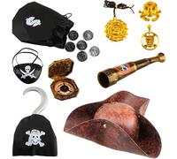 Flotory 9 Pcs Pirate Accessories Colonial Hat Tricorn Hat with Pirate Colonial Toy Eye Patch Hook Props for Halloween Cosplay Party