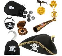 Flotory 9 Pcs Pirate Colonial Hat Black Tricorn Hat Eye Patch Pirate Accessories Colonial Revolutionary War Hat for Theme Role Play Party Cosplay