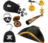 Flotory 9 Pcs Pirate Tricorn Hat Colonial Hat with Pirate Colonial Hook Props Toy Eye Patch for Pirate Theme Party Masquerade Accessories Halloween Cosplay