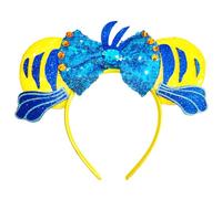 Flounder Mouse Ears - Sparkle Blue Bow Gold Sequin Ear Headband Hair Accessories for Women Girls Boys Cartoon Princess Costume Cosplay Decoration