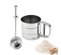Flour Sifter, Regerly 1 Piece Stainless Steel Hand Held Flour Sifter Flour Shaker Cup for Home Kitchen with Hand Press and 1 Piece Flour Duster for Icing Sugar Cake Flour (Silver)