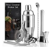 FLOW Barware Cocktail Shaker Set | 10 Piece Cocktail Making Kit, Premium Steel Shaker with Strainer, Spirit Measure, Muddler, Tools & Accessories. Home Bar Gift For Mixologists