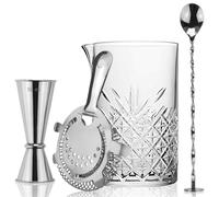 FLOW Barware Glass 4Piece Cocktail Mixing Set, Silver, 700 ml Mixing Glass, Hawthorne Strainer, Japanese Drinks Jigger & Mixing Spoon