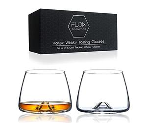 FLOW Barware Vortex Whiskey Tasting Glass Set of 2 Handblown Snifter Whisky Glasses | Unique Swirl Design Whisky Nosing Glass for Scotch, Bourbon, Rum or Brandy