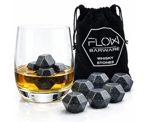 FLOW Barware Whiskey Stones | Polished Diamond Shaped Whisky Cubes | 9x Whiskey Stones Gift Set For Men Dad, Fathers Day | Keep Rum & Single Malt Chilled & Undiluted With These Cooling Whisky Rocks