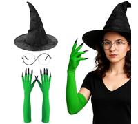 Flow fire 3 Pcs Black Witches Elphaba Hat, Glasses and Gloves, Adult Wicked Costumes for Halloween Cosplay Party