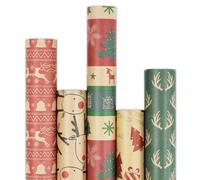 Flow fire 3m x 43cm Christmas Wrapping Paper Roll, 5 Rolls Recyclable Kraft Paper for Xmas Gift Boxes Decoration (5 Festive Patterns)