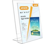 Flow fire A4 Acrylic Sign Holder, 2 Pack L-Shape A4 Clear Perspex Display Stand, Slant Back Menu Poster Sign Holder for Office Store Restaurant