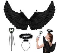 Flow fire Black Angel Wings and Halo Adult Kids , Black Feather Wings for Halloween Costume Cosplay
