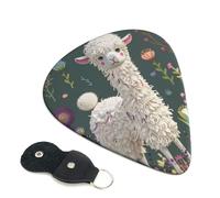 Flower Alpaca Printed Guitar Picks, 6 Pack with Leather Keychain Pick Holder - 0.46mm, 0.71mm, 0.96mm Assorted Thickness for Acoustic Ukulele, Electric Guitar, Acoustic Guitar, Bass
