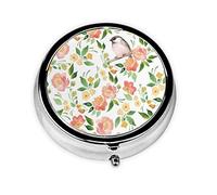 Flower and Bird Print Pill Box for Pocket Round Pill Box 3 Compartment Decorative Portable Travel Pill Holder Tablet Vitamin Organizer Mini Pill Case(2pcs)