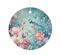 Flower and Bird Style Double-Sided Ceramic Christmas Ornaments - Round Hanging Mini Xmas Tree Decorations, Ideas for Farmers, Rustic Home Decor for Indoor Outdoor Tree Decor