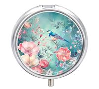 Flower and Bird Style Pill Box - 3 Compartment Travel Pill Organizer with Small Mirror, Portable Pillcase for Pocket & Purse, Cute Round Medicine Case, Weekly Medicine Container