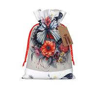 flower and butterfly print Large Christmas bag, reusable drawstring linen packet, Birthday Parties Supplies