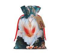 flower and butterfly Printed Christmas Drawstring Bags for Christmas Party Xmas Gift Wrapping, Red Ribbon, S