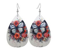 flower and butterfly Printed Dangle Leather Earrings, Reversible Statement Jewelry with Silver Plated Hooks