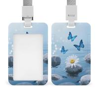 Flower and Butterfly Zen Stone Badge Holder ID Card Hold Case Personalized Retractable Badges Holders Worker Badge Holder Ferrule Nurse Doctor Office Teacher Name Credit Card Pocket