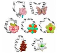 Flower and Leaf Cookie Cutter Set, 7 Piece Tulip, Lily, Rose, Cherry Blossom, Six-Petal Flower, Morpho Butterfly, Leaves Fondant Biscui Cutters Stainless Steel Cookie Cutters for Party Decorations