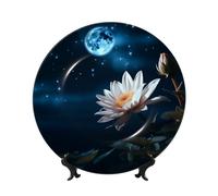 Flower And Moon Ceramic Decorative Plates Bone China Decorative Plate With Display Stand Handmade Ceramic Ornament Personality Porcelain Dinner Plate Crafts For Home Office Wall Decoration 25cm