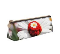 Flower and White Daisy Print Large Capacity Leather Pencil Case Smooth Zippered Pen Pouch School Travel Makeup