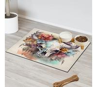 Flower Animal Cow Skull Pet Feeding Mat for Cat Dog Water Bowl Food Mats Pet Feeding Mats Absorbent Nti-Slip Contain Spills Protects Floors Placemat 43.1 x 76.2 cm