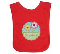 Flower Applique Personalised Bib Individually Handmade in The UK with Embroidered Name. (Red)