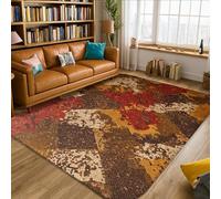 Flower Area Rug, Autumn Rustic Leaf Geometric Fall Red Low Pile Foam Home Floor Rectangle Print Carpet Rugs for Living Room Bedroom Hallway Desk Office Decor 5' X 7'