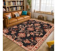 Flower Area Rug, Traditional Elegant Leaf Vine Fall Black Non-Slip Rectangle Floor Carpets Edge Binding Rugs for Living Room Bedroom Dining Desk Office Decor 5' X 7'