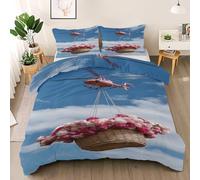 Flower Basket Duvet Cover Set Twin Size, Pink Helicopter Bedding Set, Pink White Rose Comforter Cover with 2 Pillow Shams, Comfy Breathable Lightweight Blue Sky White Cloud Comforter Cover