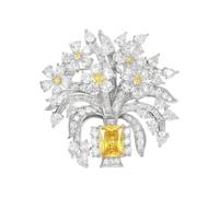 Flower Basket Yellow Diamond Brooch Blooming Flower Brooch, Silver + Yellow