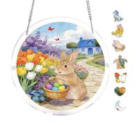 Flower Bed Bunny Easter Eggs 7.8x7.8Inch Round Acrylic Hanging Puzzle | Creative Home Accent with Visual Appeal