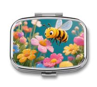 Flower Bee Pill Box, 2 Compartments Portable Pill Organizer for Pocket or Purse, Decorative Metal Medicine and Vitamins Organizer
