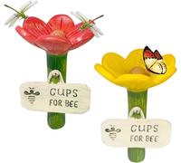 Flower Bee Waterer, Bee Watering Stations with Stake Base, Hygienic Thirsty Pollinators Feeder, Colorful Flower Shaped Garden Pollinators Drinking Cups for Lawn Driveway Farm Patio (Yellow+Red)