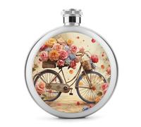 Flower Bicycle Hip Flasks for Liquor 5oz Stainless Steel Leakproof Thin Flasks Round Small Portable Travel Liquor Flask Modern Whiskey & Liquor Pocket Flask for Men&Women