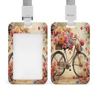 Flower Bicycle ID Badge Holder with Lanyard Vertical Plastic Card Case Protector Pouch with Clear Window Detachable Name Tag Clips for Nurse Doctor Teacher Office Use