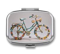 Flower Bicycle Pill Box - 2 Compartment Travel Pill Organizer with Small Mirror, Portable Pillcase for Pocket & Purse, Cute Square Medicine Case, Weekly Medicine Container