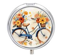 Flower Bicycle Round Pill Box 3 Compartment Small Pill Box Round Portable Pill Case to Hold Vitamins Medication Fish Oil and Supplements Travel Purse Pocket Gift