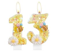 Flower Birthday Candles, Number 13 Candles with Bee for Cake, Girls 13th Birthday Decorations, Yellow Glitter Birthday Candles, Honeybee Cake Candles Toppers for Girls Baby Birthday Party Decorations