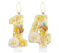 Flower Birthday Candles, Number 14 Candles with Bee for Cake, Girls 14th Birthday Decorations, Yellow Glitter Birthday Candles, Honeybee Cake Candles Toppers for Girls Baby Birthday Party Decorations