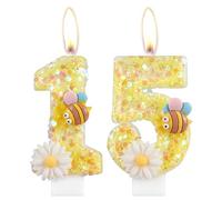 Flower Birthday Candles, Number 15 Candles with Bee for Cake, Girls 15th Birthday Decorations, Yellow Glitter Birthday Candles, Honeybee Cake Candles Toppers for Girls Baby Birthday Party Decorations