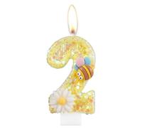 Flower Birthday Candles, Number 2 Candles with Bee for Cake, Girls 2nd Birthday Decorations, Yellow Glitter Birthday Candles, Honeybee Cake Candles Toppers for Girls Baby Birthday Party Decorations