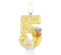 Flower Birthday Candles, Number 5 Candles with Bee for Cake, Girls 5th Birthday Decorations, Yellow Glitter Birthday Candles, Honeybee Cake Candles Toppers for Girls Baby Birthday Party Decorations