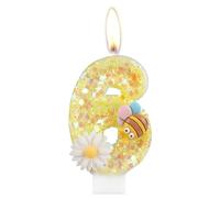 Flower Birthday Candles, Number 6 Candles with Bee for Cake, Girls 6th Birthday Decorations, Yellow Glitter Birthday Candles, Honeybee Cake Candles Toppers for Girls Baby Birthday Party Decorations