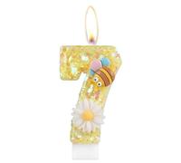 Flower Birthday Candles, Number 7 Candles with Bee for Cake, Girls 7th Birthday Decorations, Yellow Glitter Birthday Candles, Honeybee Cake Candles Toppers for Girls Baby Birthday Party Decorations