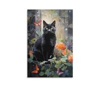 Flower Black Cat Canvas Wall Decor Animal Vintage Beautiful Plants Kittens Poster Wall Art for Living Room Bedroom Artwork