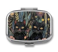 Flower Black Cat Pill Case Box with 2 Compartment Medicine Vitamin Organizer for Purse Pocket 5.5x4cm