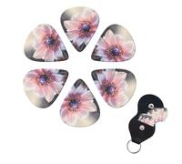 Flower Blossom Guitar Picks 6 Pack, 0.46mm Thickness Celluloid Bass Pick with Leather Guitar Pick Holder Keychain Abstract Art Pics Plectrum for Acoustic Electric Guitar, Ukulele, Bass