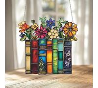 Flower Book Sun Catchers,Acrylic Window Hanging Ornament,Stained Glass Bookshelf Sun Catcher for Book Club Gifts,Book Club Gift,Book Reader Gifts,Bookish Library Gifts